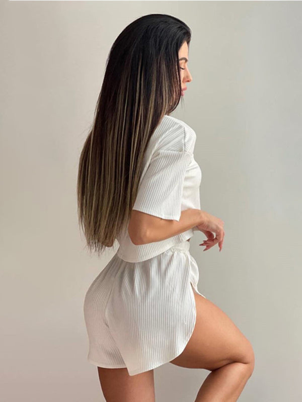 Neues lässiges Set: Zweiteiliges Loungewear-Set mit Rundhalsausschnitt, Kurzarmtop und sexy Shorts mit gekreuzten Ärmeln 