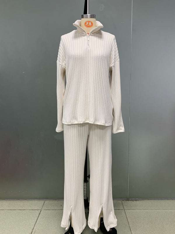 Ensemble deux pièces pour femme, couleur unie, fermeture éclair, maille côtelée, col montant, idéal pour la maison. 