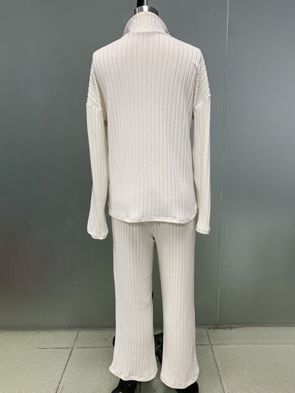 Ensemble deux pièces pour femme, couleur unie, fermeture éclair, maille côtelée, col montant, idéal pour la maison. 