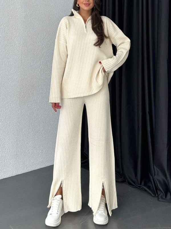 Ensemble deux pièces pour femme, couleur unie, fermeture éclair, maille côtelée, col montant, idéal pour la maison. 