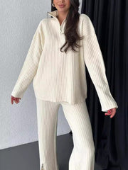 Ensemble deux pièces pour femme, couleur unie, fermeture éclair, maille côtelée, col montant, idéal pour la maison. 