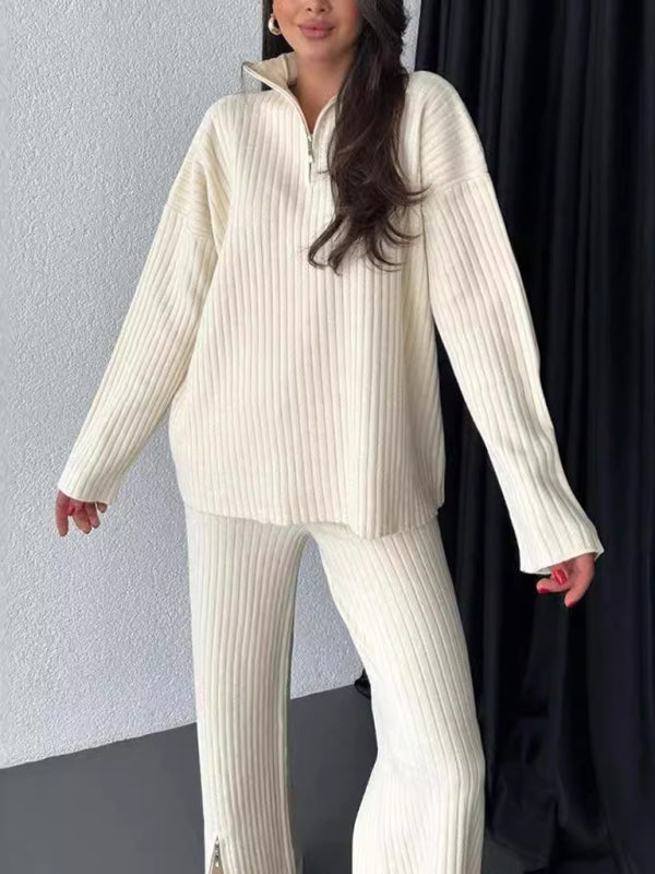 Ensemble deux pièces pour femme, couleur unie, fermeture éclair, maille côtelée, col montant, idéal pour la maison. 