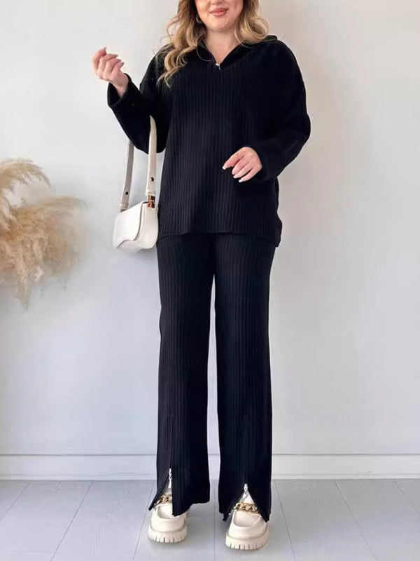 Ensemble deux pièces pour femme, couleur unie, fermeture éclair, maille côtelée, col montant, idéal pour la maison. 