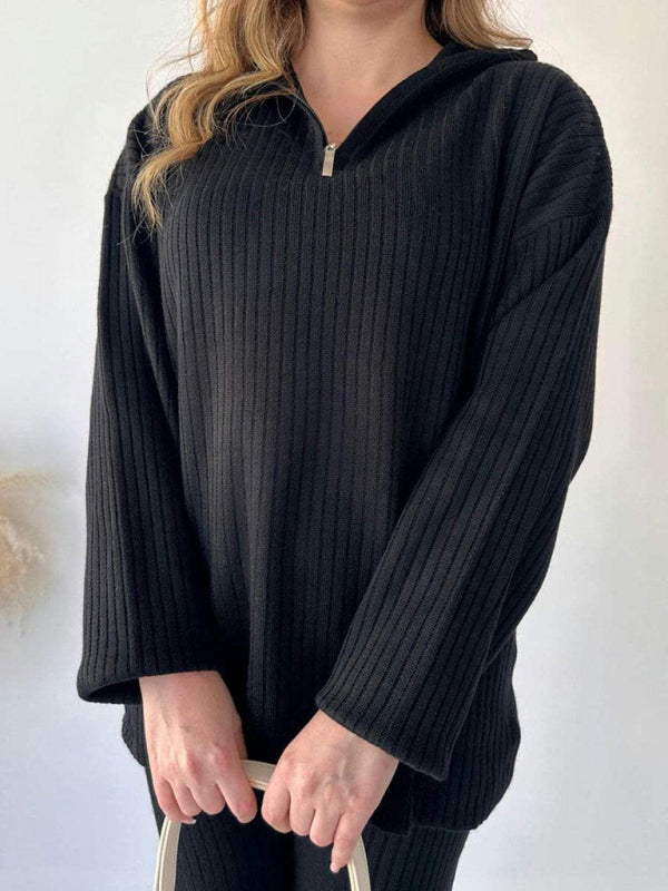 Ensemble deux pièces pour femme, couleur unie, fermeture éclair, maille côtelée, col montant, idéal pour la maison. 