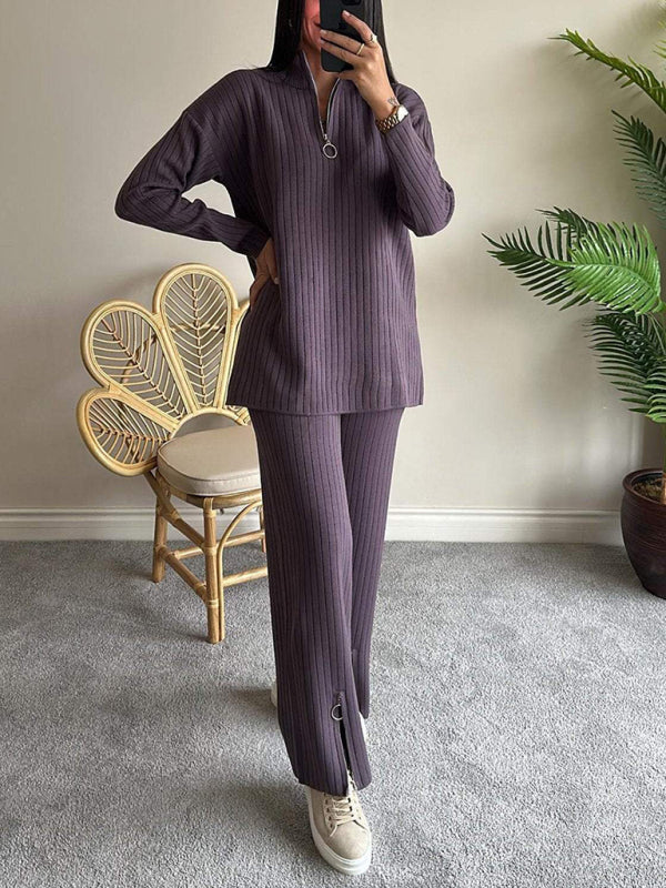 Ensemble deux pièces pour femme, couleur unie, fermeture éclair, maille côtelée, col montant, idéal pour la maison. 