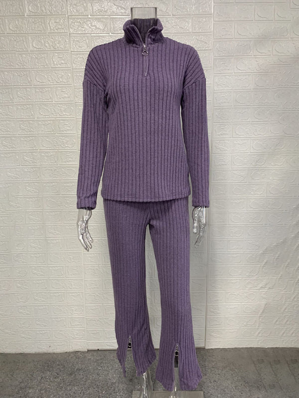 Ensemble deux pièces pour femme, couleur unie, fermeture éclair, maille côtelée, col montant, idéal pour la maison. 