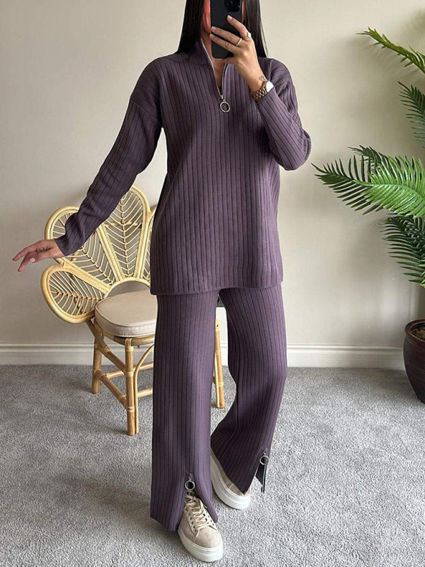 Ensemble deux pièces pour femme, couleur unie, fermeture éclair, maille côtelée, col montant, idéal pour la maison. 