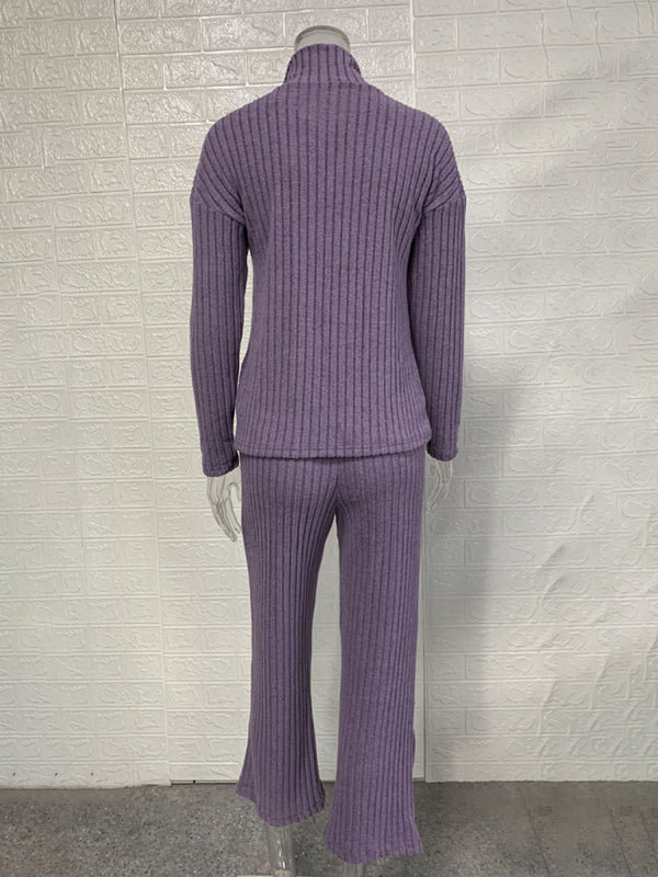 Ensemble deux pièces pour femme, couleur unie, fermeture éclair, maille côtelée, col montant, idéal pour la maison. 
