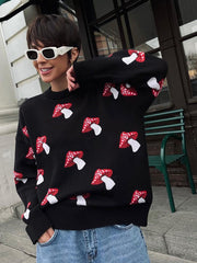 Mushroom jacquard sweater loose contrast color pullover knit sweater