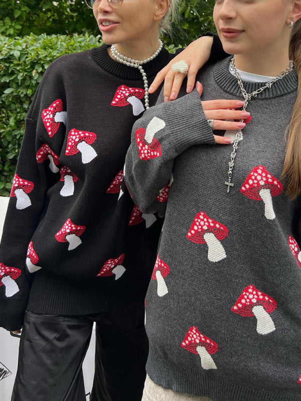 Mushroom jacquard sweater loose contrast color pullover knit sweater