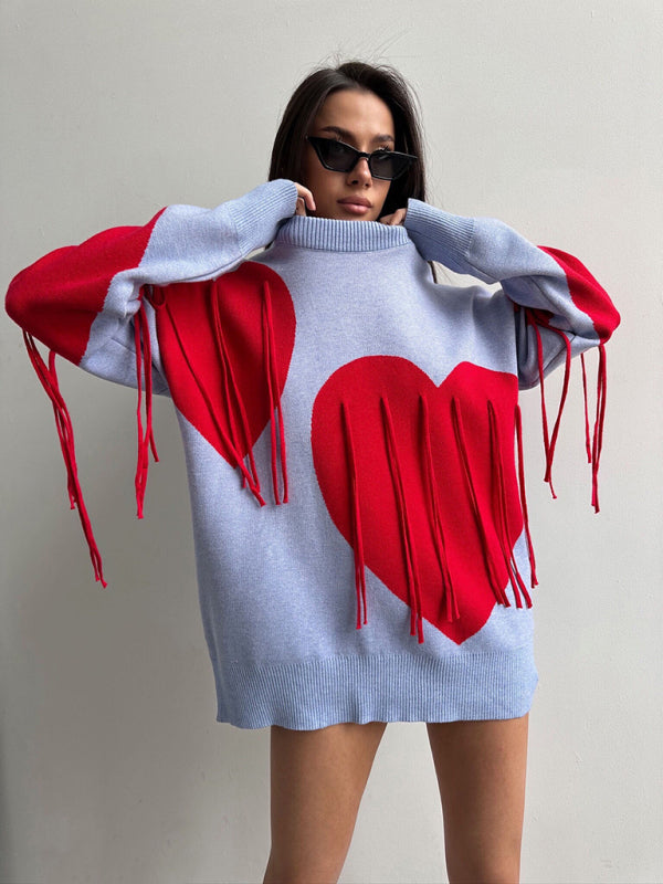 Neuer modischer Pullover mit Rundhalsausschnitt und Herzquasten