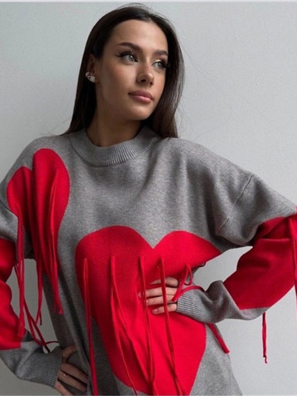Neuer modischer Pullover mit Rundhalsausschnitt und Herzquasten