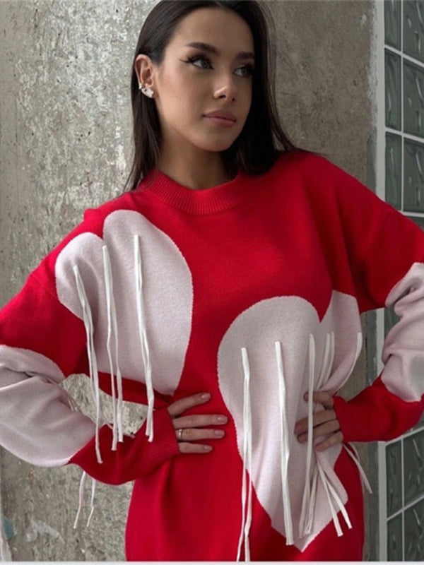 Neuer modischer Pullover mit Rundhalsausschnitt und Herzquasten