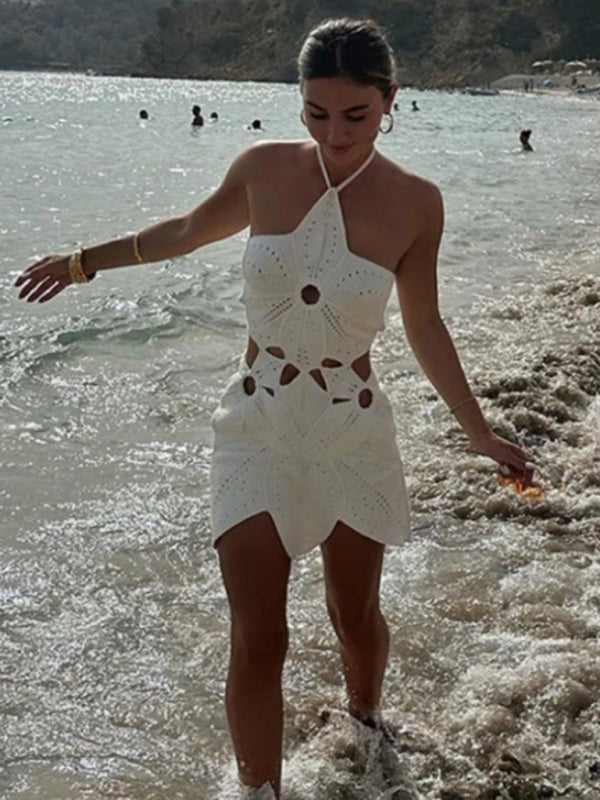 Modisches, figurbetontes, sexy Neckholderkleid mit hohler Taille und unregelmäßiger Strickfront 
