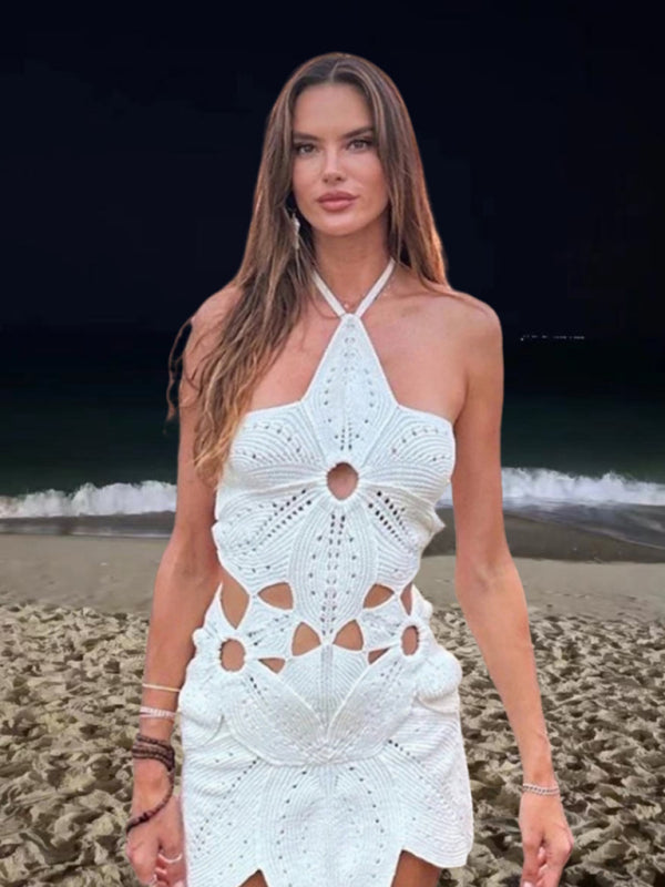 Modisches, figurbetontes, sexy Neckholderkleid mit hohler Taille und unregelmäßiger Strickfront 