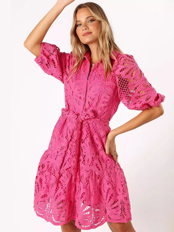 Neues sexy Hemdblusenkleid mit halblangen Ärmeln, hohler Spitze und Blumenmuster sowie Knöpfen 