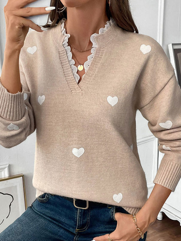 Pull à col rond Love, nouveau pull à col en V avec empiècements en dentelle, idéal pour la Saint-Valentin 