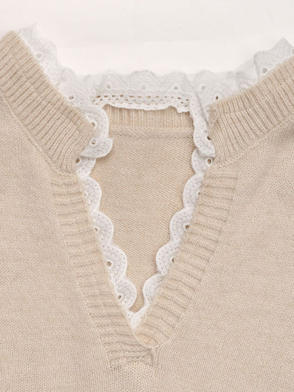 Pull à col rond Love, nouveau pull à col en V avec empiècements en dentelle, idéal pour la Saint-Valentin 