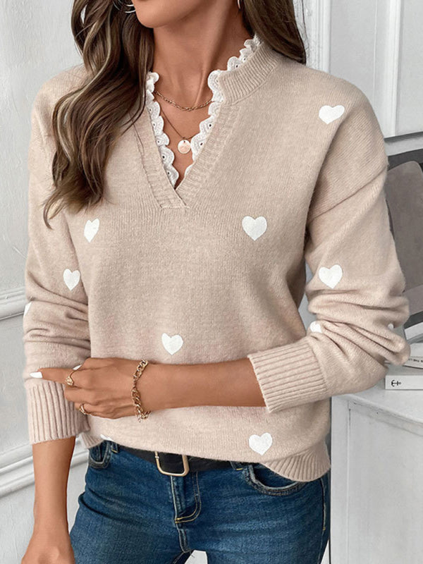 Pull à col rond Love, nouveau pull à col en V avec empiècements en dentelle, idéal pour la Saint-Valentin 