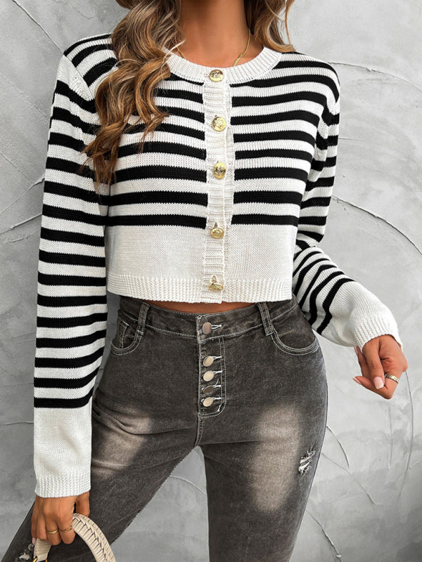Gilet cardigan à manches longues pour femme, style décontracté, boutons bicolores, manches contrastées 