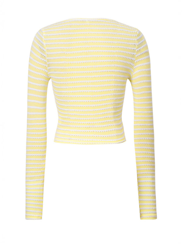 Y2K Bauchnabel-freiliegendes, schmal geschnittenes, zweifarbig gestreiftes Langarm-Strickshirt mit U-Ausschnitt, Strickmuster 