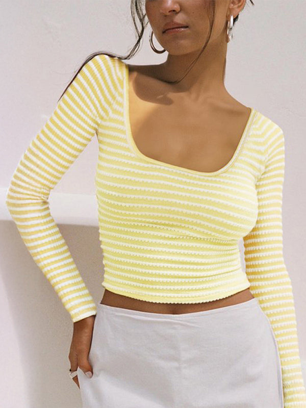 Y2K Bauchnabel-freiliegendes, schmal geschnittenes, zweifarbig gestreiftes Langarm-Strickshirt mit U-Ausschnitt, Strickmuster 