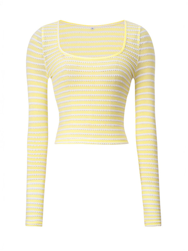 Y2K Bauchnabel-freiliegendes, schmal geschnittenes, zweifarbig gestreiftes Langarm-Strickshirt mit U-Ausschnitt, Strickmuster 