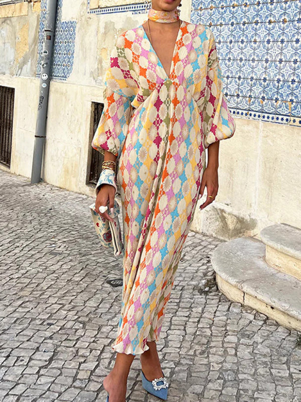 Neues, elegantes A-Linien-Kleid mit V-Ausschnitt, Laternenärmeln und neuem Print 