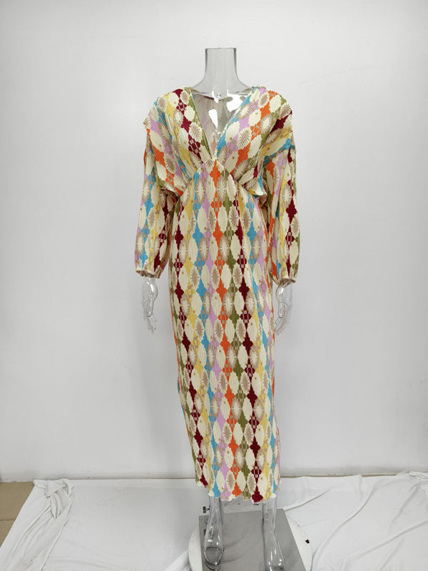 Neues, elegantes A-Linien-Kleid mit V-Ausschnitt, Laternenärmeln und neuem Print 