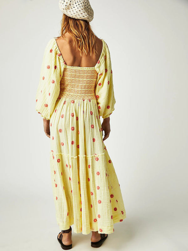 New casual embroidered square collar sunflower light yellow dress