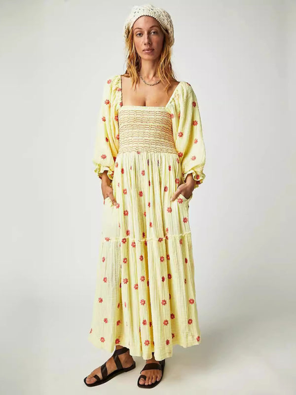 New casual embroidered square collar sunflower light yellow dress