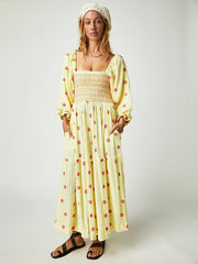 New casual embroidered square collar sunflower light yellow dress