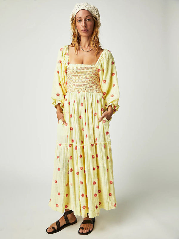 New casual embroidered square collar sunflower light yellow dress