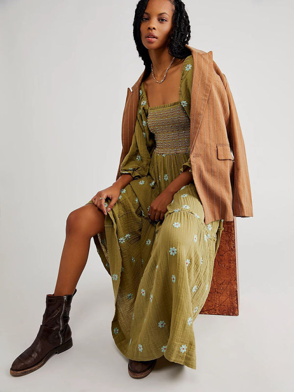 Robe vert tournesol à col carré brodé, style décontracté, nouvelle génération 
