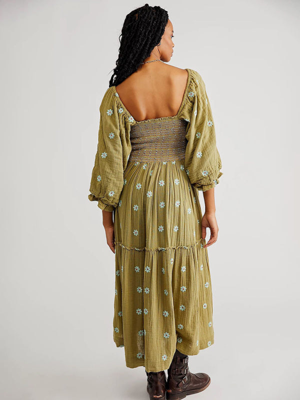 Robe vert tournesol à col carré brodé, style décontracté, nouvelle génération 