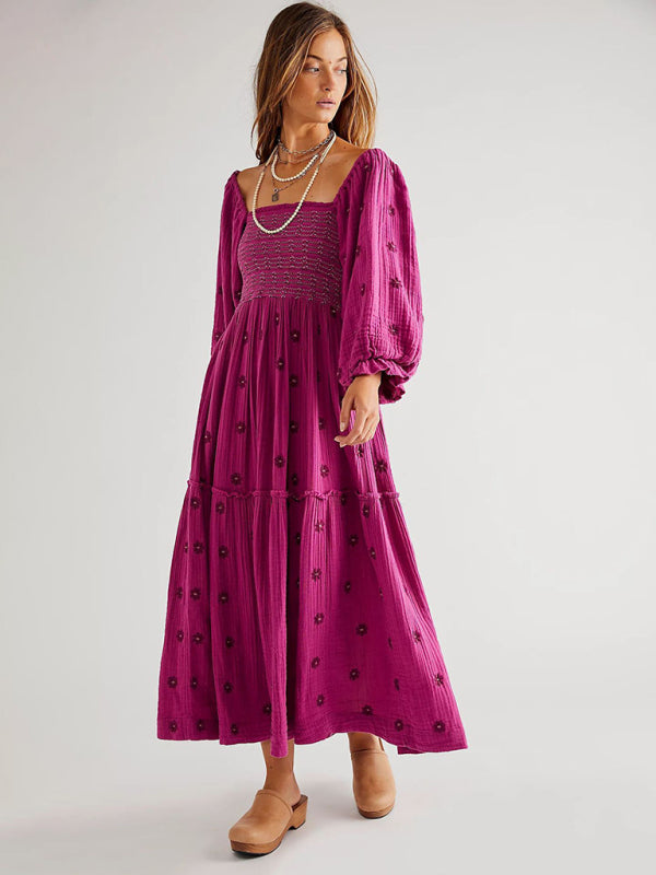 Neues lässiges, besticktes Kleid mit eckigem Kragen und Sonnenblumenrosa 