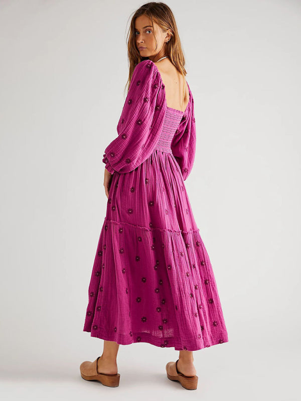 Neues lässiges, besticktes Kleid mit eckigem Kragen und Sonnenblumenrosa 