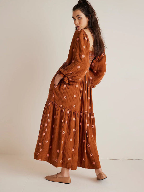 New Casual Embroidered Square Neck Sunflower Brown Dress