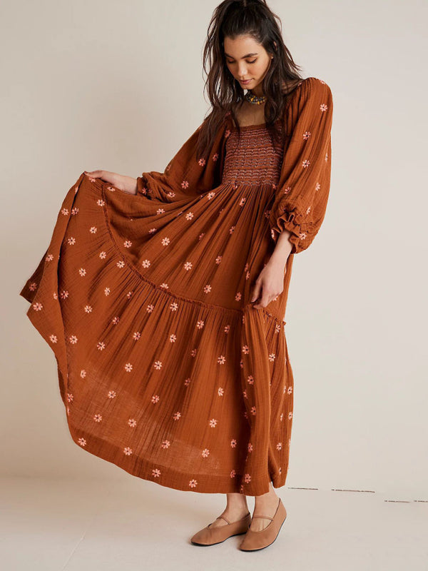 New Casual Embroidered Square Neck Sunflower Brown Dress
