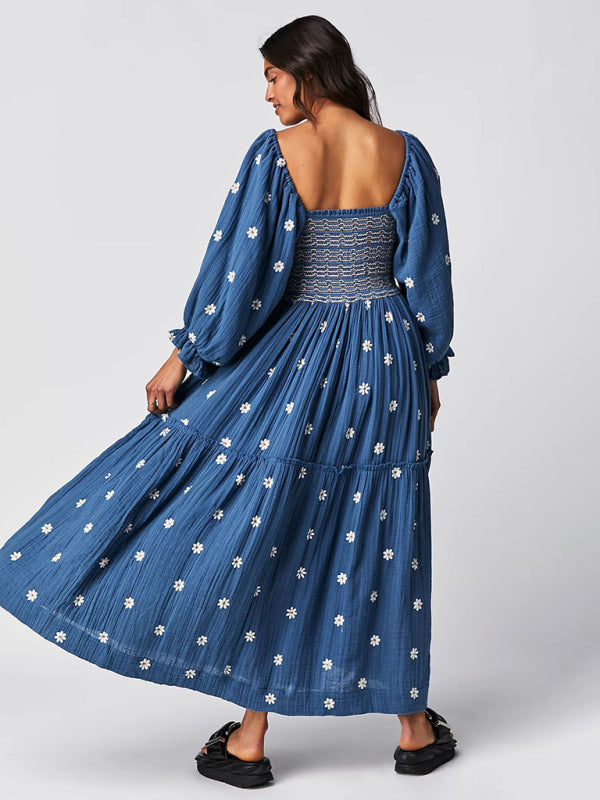 New casual embroidered square collar white sunflower dark blue dress