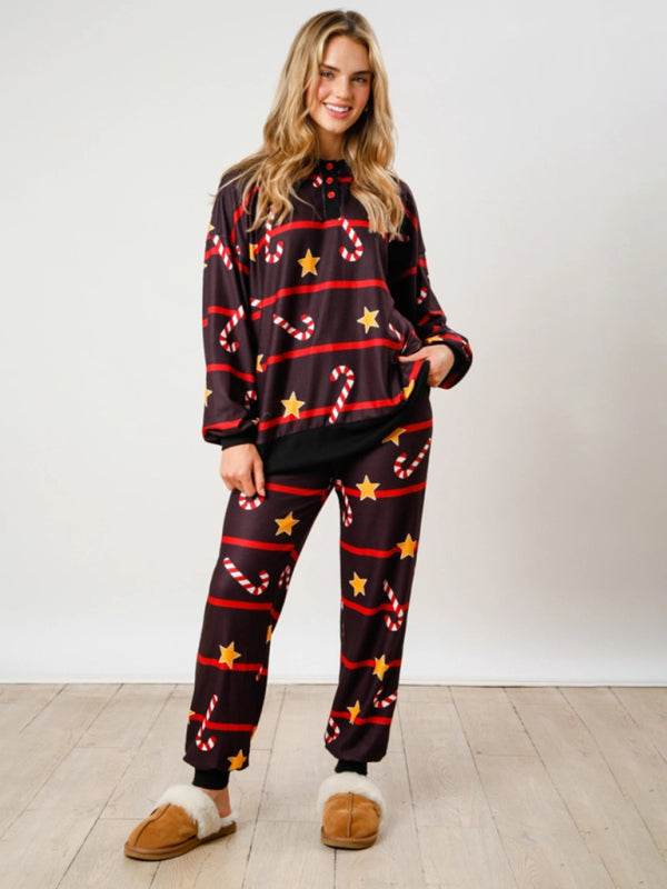 Ensemble deux pièces à manches longues et boutons, imprimé Noël, style décontracté chic. 