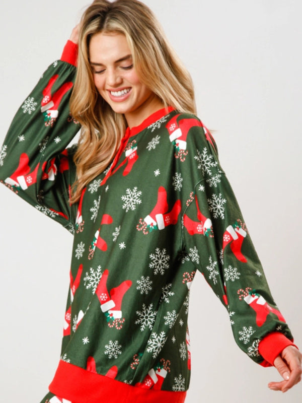Ensemble deux pièces à manches longues et boutons, imprimé Noël, style décontracté chic. 