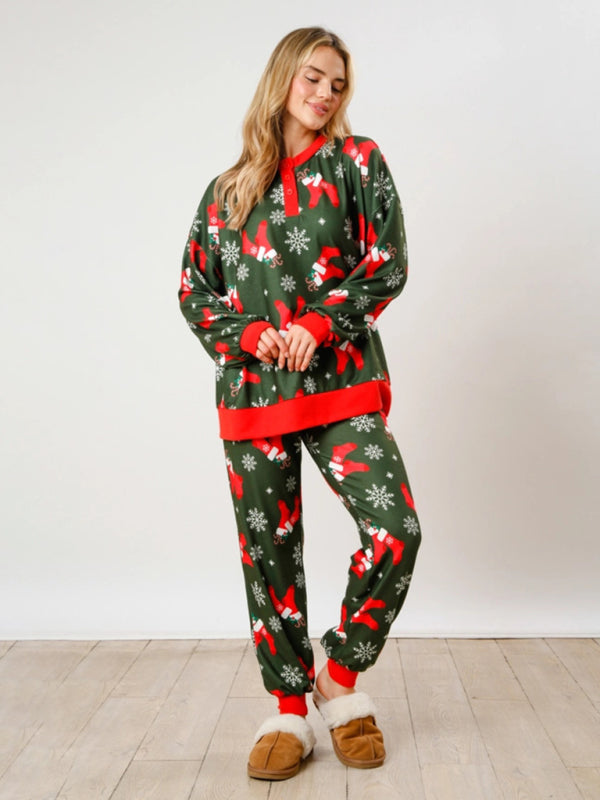 Ensemble deux pièces à manches longues et boutons, imprimé Noël, style décontracté chic. 