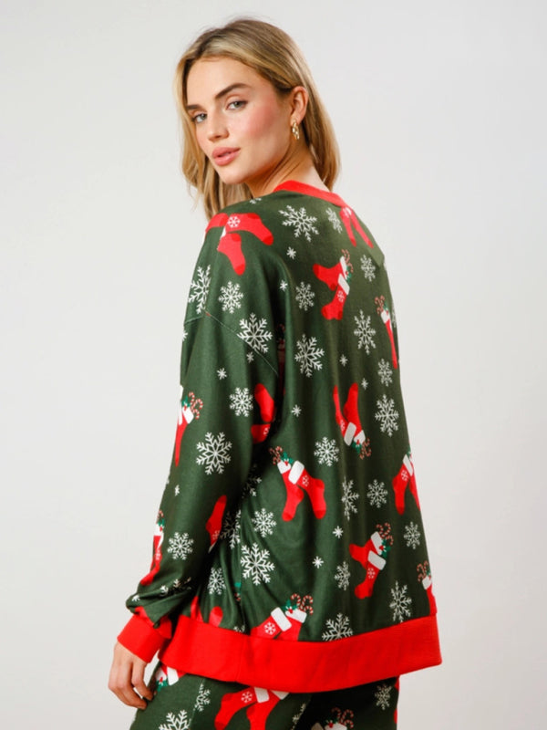 Ensemble deux pièces à manches longues et boutons, imprimé Noël, style décontracté chic. 