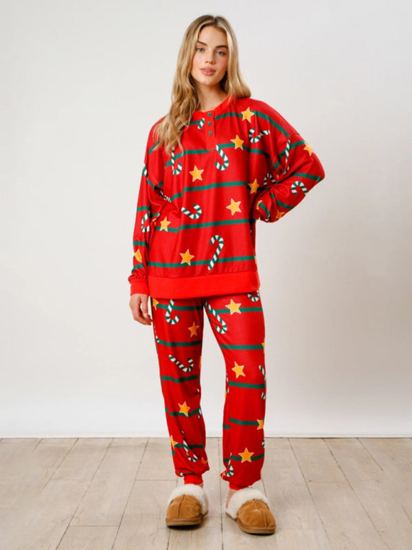 Ensemble deux pièces à manches longues et boutons, imprimé Noël, style décontracté chic. 