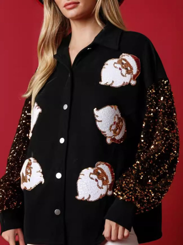 Weihnachtlicher Damen-Fleecepullover mit Weihnachtsmann-Motiv, langen Ärmeln und Paillettenärmeln 