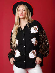 Weihnachtlicher Damen-Fleecepullover mit Weihnachtsmann-Motiv, langen Ärmeln und Paillettenärmeln 