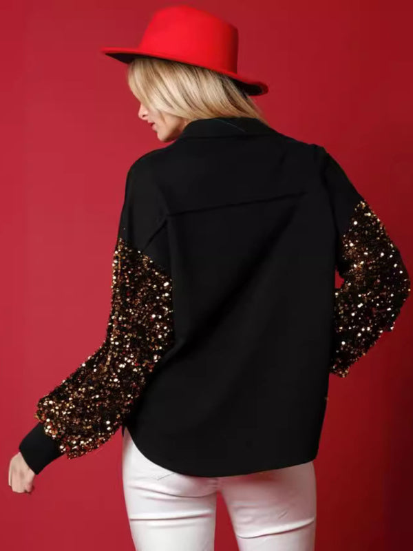 Weihnachtlicher Damen-Fleecepullover mit Weihnachtsmann-Motiv, langen Ärmeln und Paillettenärmeln 