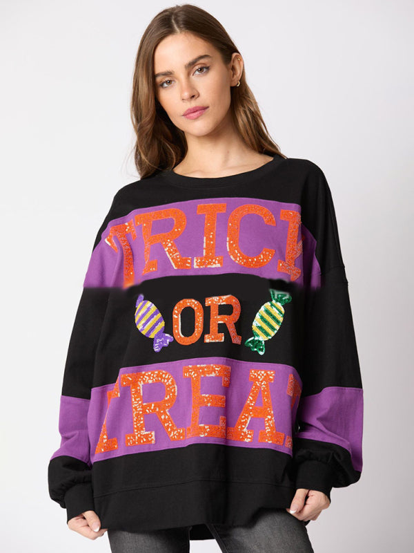 Women's Halloween Letter Sequined Colorblock Sweater Casual Top