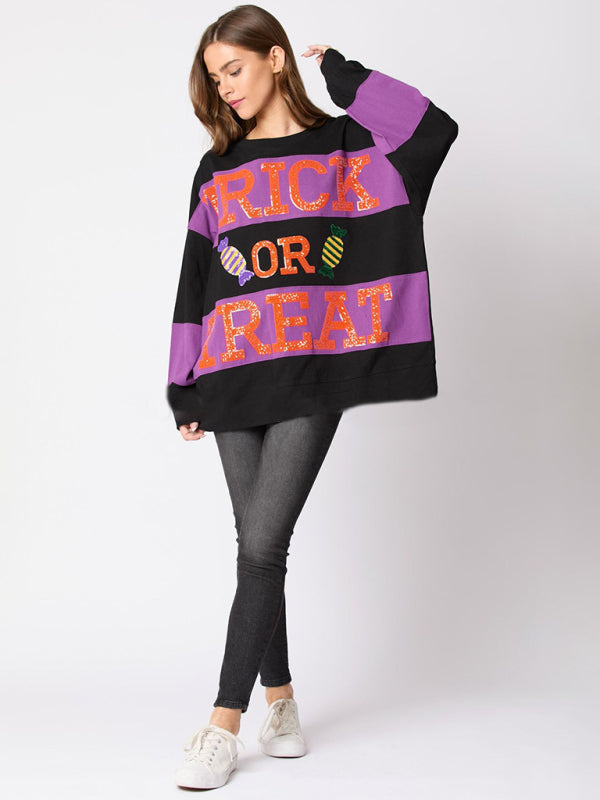 Women's Halloween Letter Sequined Colorblock Sweater Casual Top